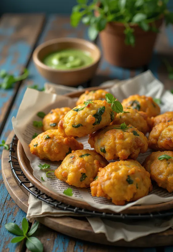 Cícerová Pakora servírovaná s čerstvým koriandrom