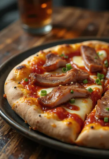 Čínska pizza s bravčovým mäsom Char Siu servírovaná