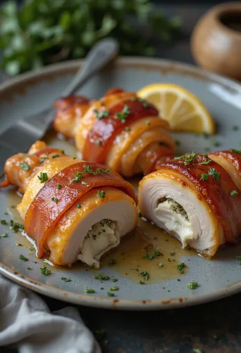 Kuracie prsia v slanine podávané s dusenou zeleninou