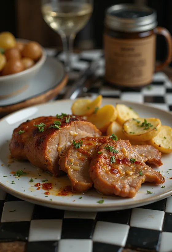 Pečená krkovička na cesnaku upečená do chrumkava, podávaná s čerstvými bylinkami