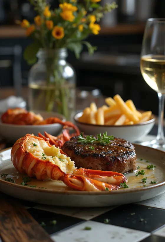 Grilovaný homár a steak, luxusný surf and turf chod