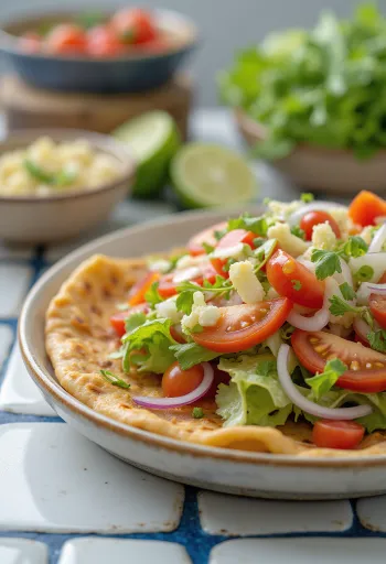 Lahmacun so šalátom, čerstvým cestom a korenistou mäsovou náplňou