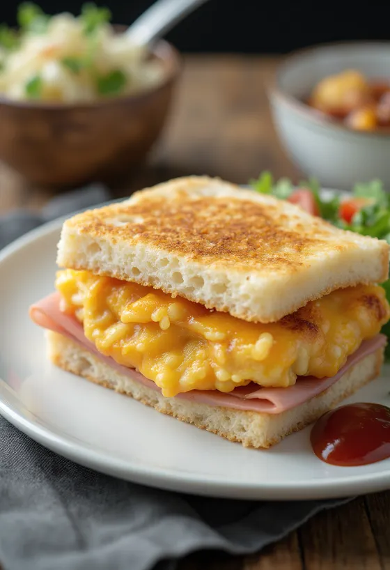 Sendvič Omurice sando so zlatohnedou omeletou a pečenou ryžou v chrumkavom chlebe