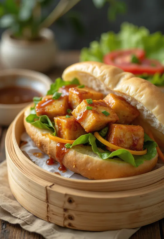 Bao žemličky plnené pečeným tofu servírovanie