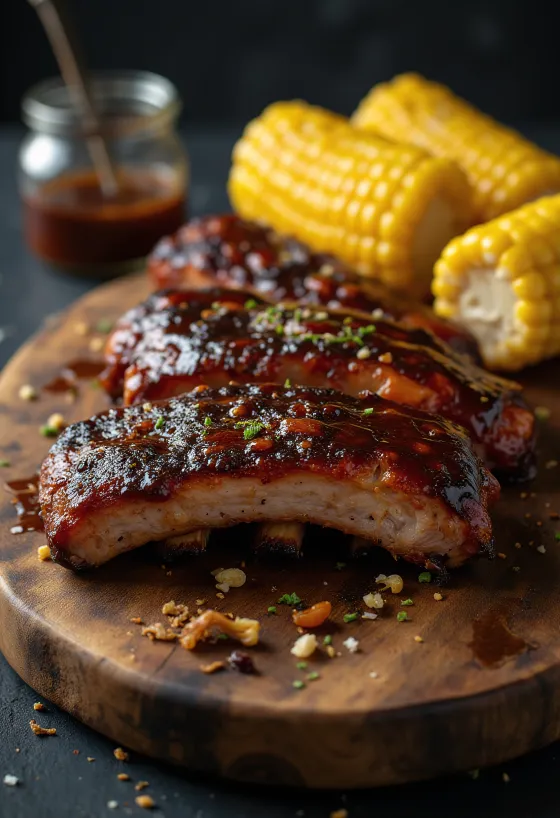 BBQ rebrá s kukuricou podávané na tanieri