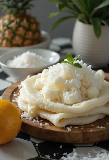 Beiju s kokosom, biela tapioková placka podávaná s kokosovou plnkou
