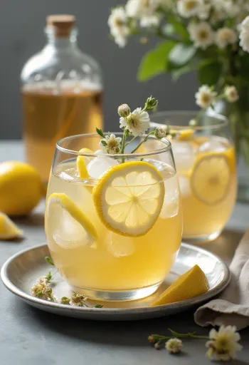 Pohár perlivého bazového cideru s citrónom a mätou