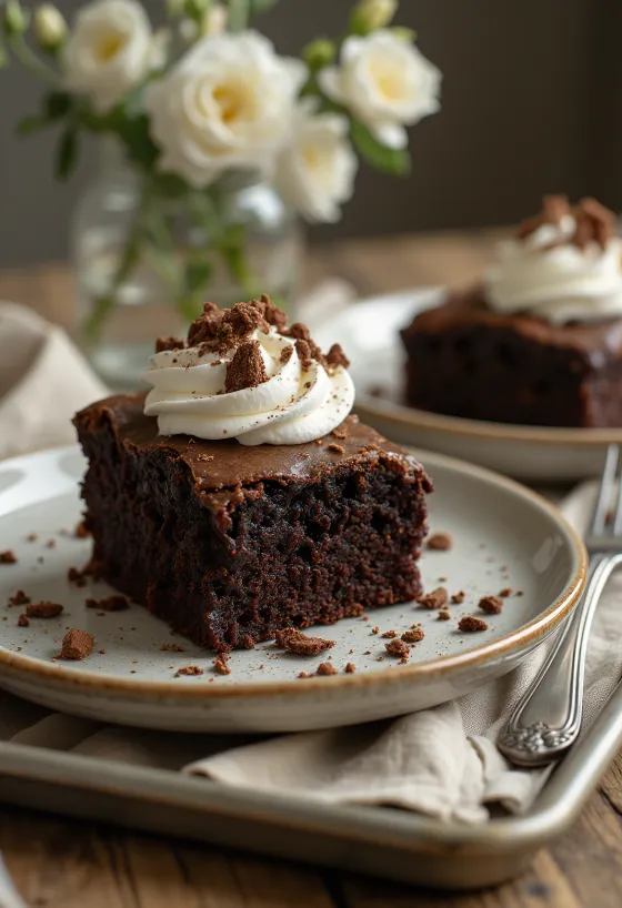 Čokoládová brownie torta so šľahačkou a čokoládovými hoblinami