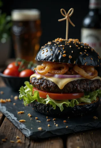 Čierny burger servírovaný na tanieri