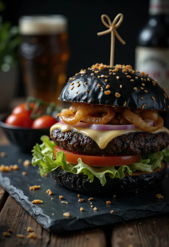 Čierny burger servírovaný na tanieri