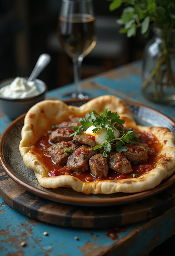Iskender kebab s hovädzím mäsom, podávaný s cesnakovým jogurtom a opečenou pitou