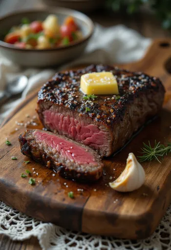 Steak z kudu podávaný s plátkami citróna a zeleninou.