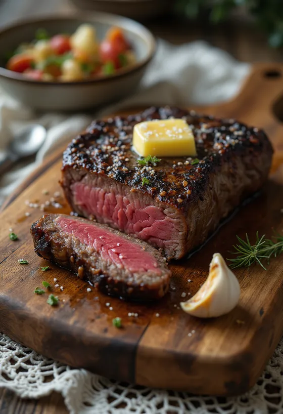 Steak z kudu podávaný s plátkami citróna a zeleninou.
