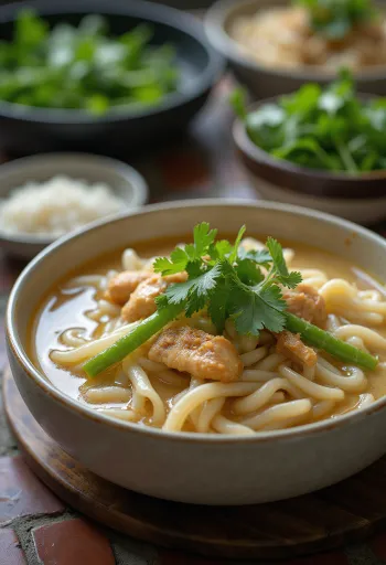 Laksa Baduy, bohatá kokosová kuracia polievka s ryžovými rezancami a čerstvými bylinkami