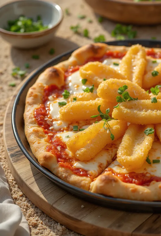 Japonská pizza s tempura zeleninou servírovaná