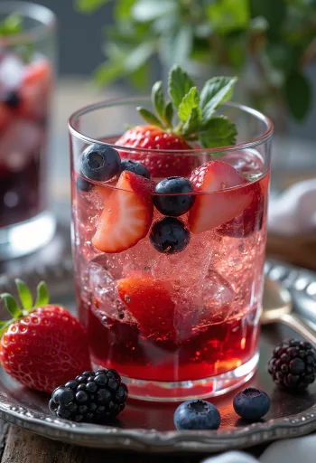 Pohár cideru plný čerstvých jahôd, čučoriedok a černíc