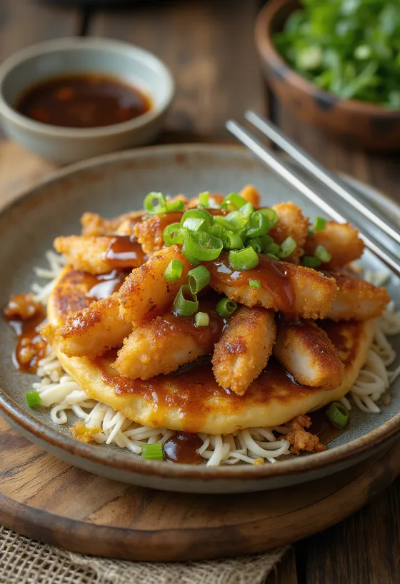 Katsu palacinka s chrumkavým vyprážaným mäsom a katsu omáčkou