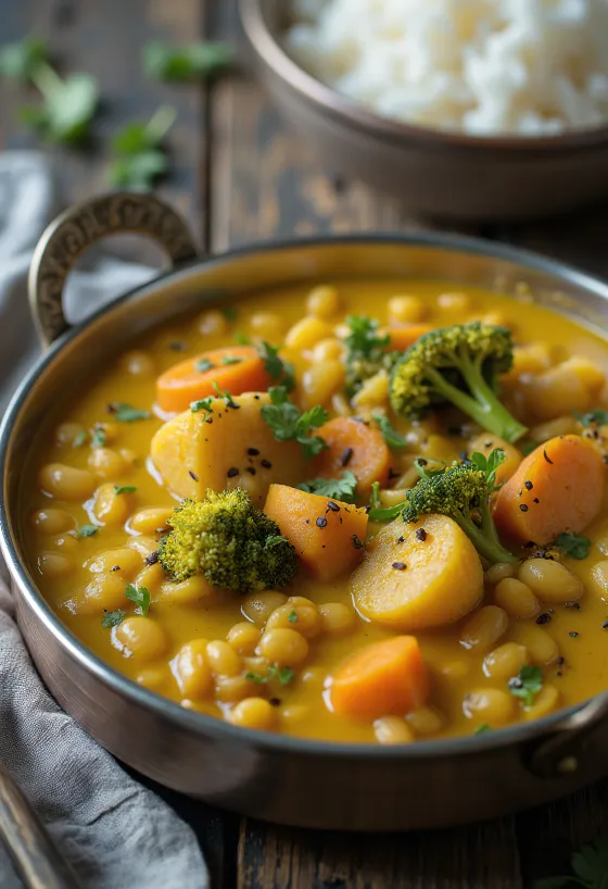 Miska Kootu curry so šošovicou, mrkvou, plantainmi a brokolicou v zlatej omáčke z kokosového mlieka.