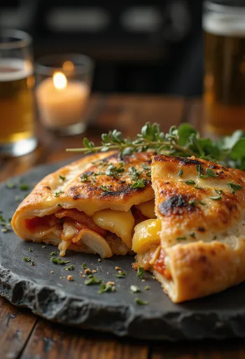 Čerstvo upečené calzone s grilovaným kuracím mäsom