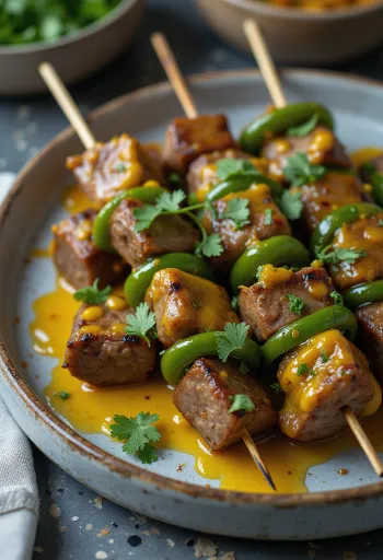 Sosatie s jahňacím mäsom, grilované mäso a zelenina, zdobené koriandrom