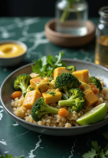 Brokolicová Buddha miska s quinoou a karí-tahini tofu, servírovaná