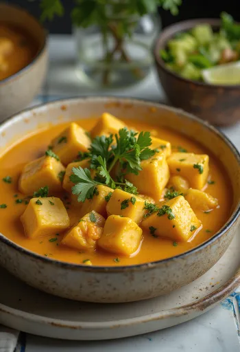 Moqueca podávaná s tofu a kokosovým mliekom