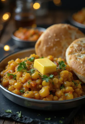 Pav bhaji verzia khada, podávané s bohatou zeleninou a červenou šošovicou
