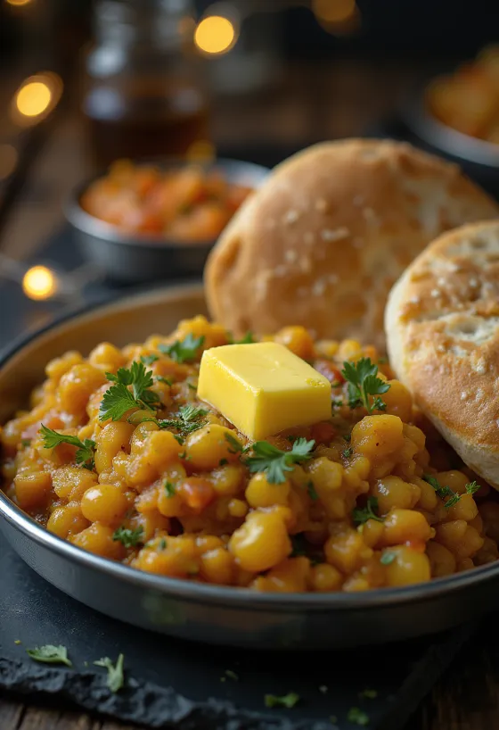 Pav bhaji verzia khada, podávané s bohatou zeleninou a červenou šošovicou
