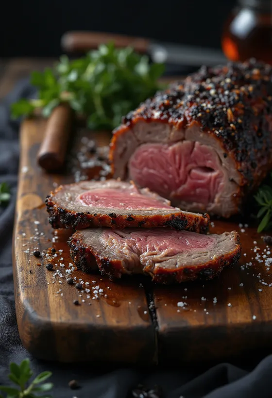 BBQ hovädzia hruď nakrájaná na plátky a podávaná s pečenými zemiakmi