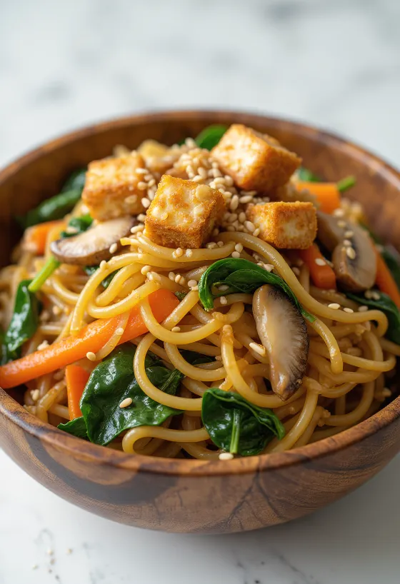 Vegánske Japchae s tofu, batátovými rezancami a zeleninou