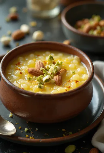 Kardamómový kheer, podávaný s čerstvými mandľami a ružovou vodou