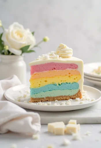 Dúhová mousse torta servírovaná po rezoch