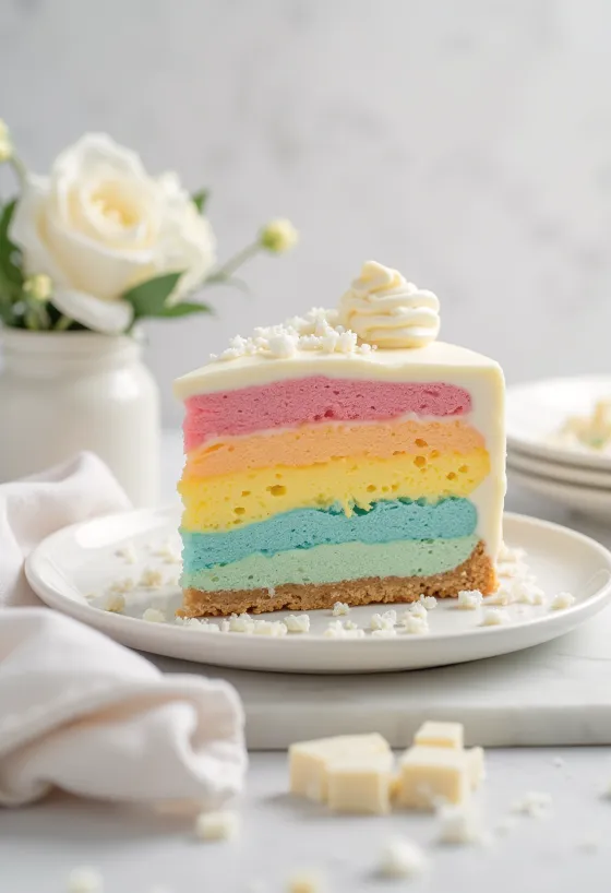 Dúhová mousse torta servírovaná po rezoch