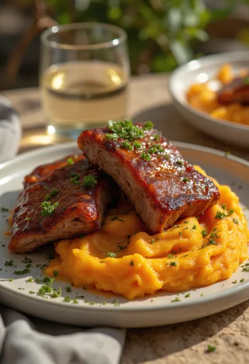BBQ rebrá so sladkými zemiakmi podávané na tanieri
