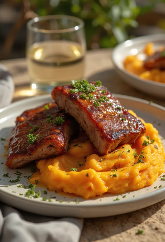 BBQ rebrá so sladkými zemiakmi podávané na tanieri