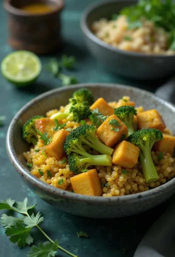 Brokolicová Buddha miska s quinoou, karí a limetkovým tofu, servírovaná