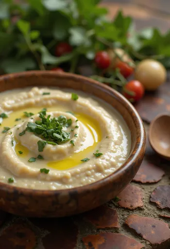 Tahini omáčka s mätou v miske, ozdobená čerstvou mätou.