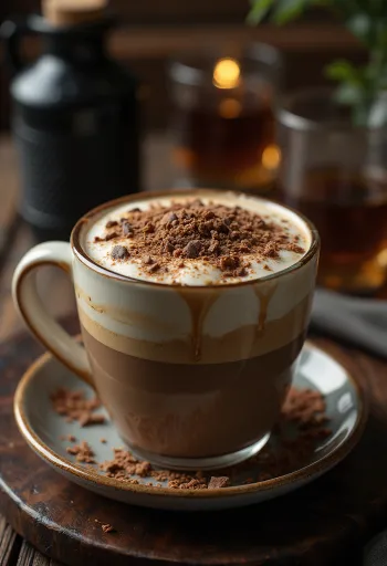 Medovo-čokoládové latte, krémový kávový nápoj so šľahačkou a čokoládovými hoblinami