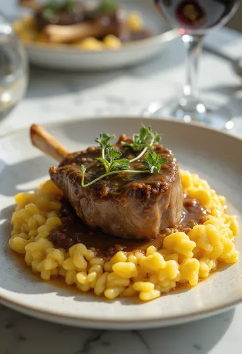 Osso buco podávané s rizotom, posypané gremolatou, šťavnaté teľacie lýtko na lôžku z rizota