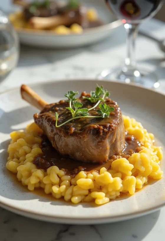 Osso buco podávané s rizotom, posypané gremolatou, šťavnaté teľacie lýtko na lôžku z rizota