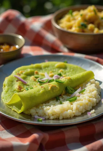 Pesarattu upma čerstvo upečená do chrumkava, podávaná s korenistou upma plnkou