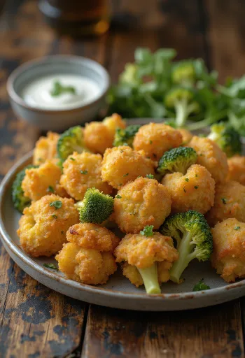 Chrumkavá vyprážaná brokolica upečená dozlatista, podávaná na tanieri s plátkami čerstvého citróna.