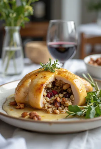 Plnená prepelica s divokou ryžou na tanieri