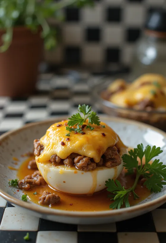 Plnený baklažán s chrumkavým syrom na vrchu, posypaný čerstvými bylinkami
