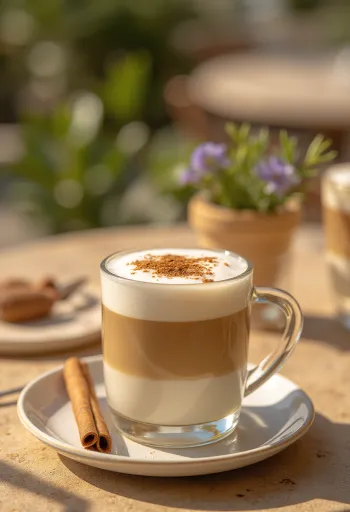 Škoricovo-mätové latte, kávový nápoj ozdobený celou škoricou a mätou