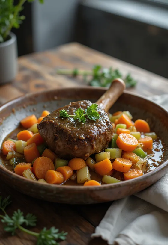 Osso buco s mrkvou a zelerom podávané v bohatej zeleninovej omáčke