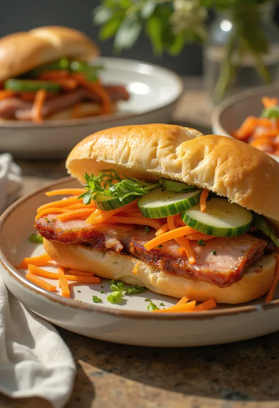 Bánh Mì Xá Xíu s čínskym BBQ bravčovým mäsom, podávané s čerstvou zeleninou a koriandrom.