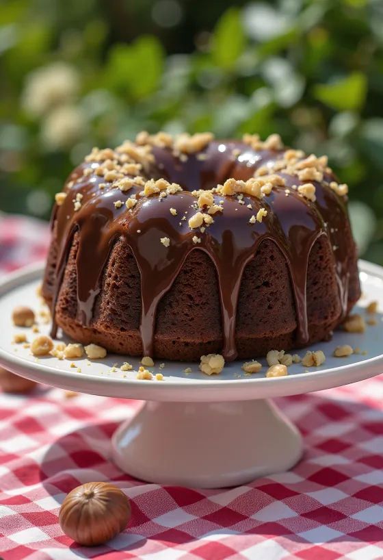 Čokoládovo-oriešková hľuzovková torta nakrájaná na rezy a podávaná