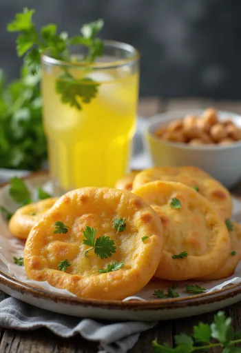 Pani puri s ananásovou vodou, podávané s čerstvým koriandrom a mätou