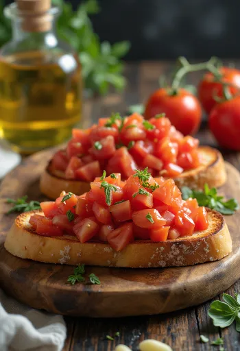 Vegánska bruschetta s paradajkami podávaná na tanieri